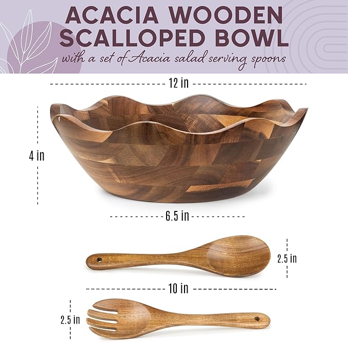Wood Salad Bowl with Serving Utensils - Large Scalloped Decorative 12" Acacia Wooden Mixing Bowls Set with Spoons - Handcrafted Farmhouse Kitchen Serveware for Fruit, Pasta, Snacks and Home Decor