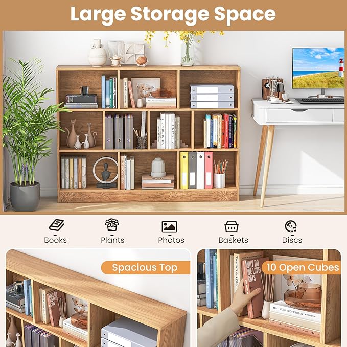 Giantex 10 Cube Bookcase, 4-Tier Freestanding Bookshelf w/ 10 Open Compartments, 2 Anti-Tipping Kits, Modern Display Cabinet, 41" Wood Cubby Storage Organizer for Living Room, Bedroom, Natural