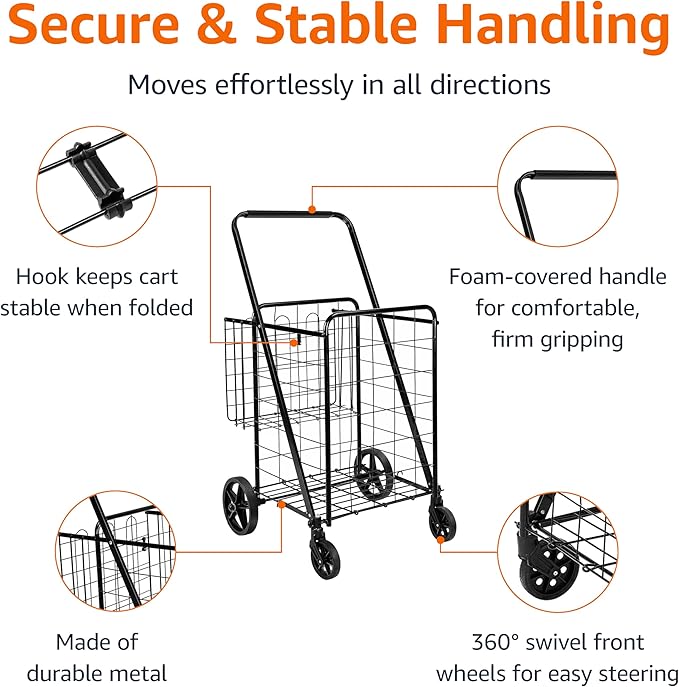 Amazon Basics Foldable Collapsible Shopping Utility Cart with 360-Degree Wheels, Multi-Functional for Sports, Easy Assembly, X-Large, Black