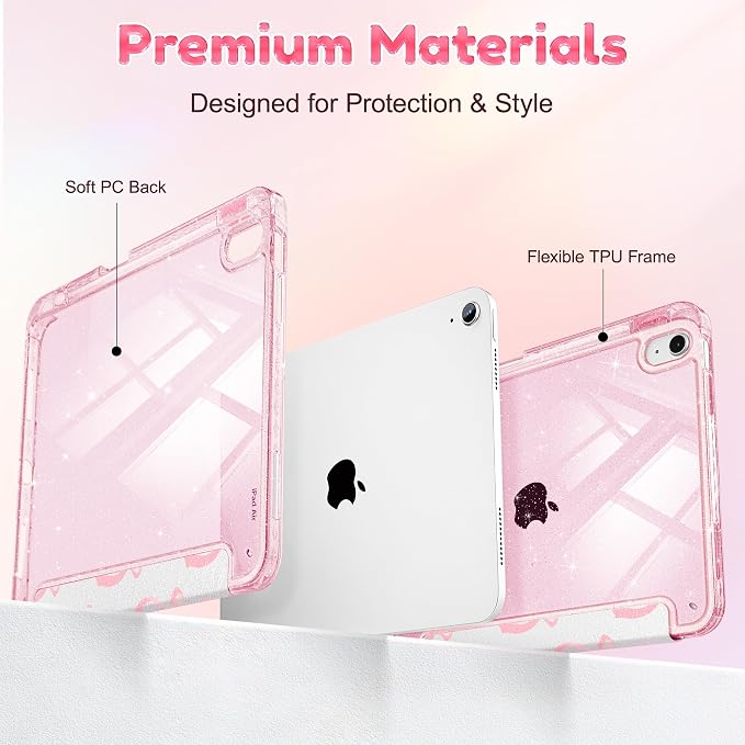 for iPad Air 11 inch M4/M3/M2 (2026/2025/2024) iPad Air 5th/4th Gen (2022/2020) 10.9 inch with Pencil Holder Glitter Clear Pretevtive Cover Auto Wake/Sleep Black Cartoon Stickers