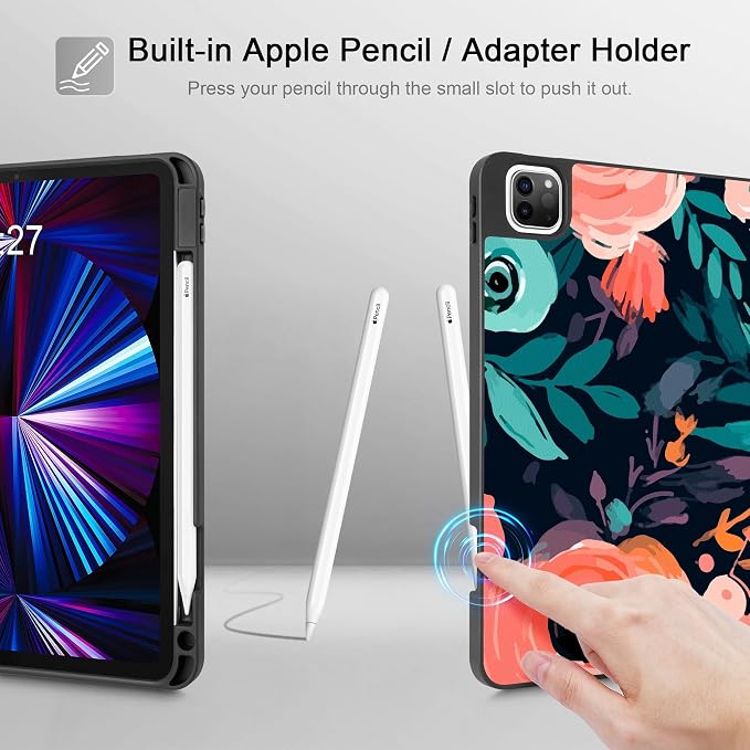 May Chen Case for iPad Pro 11 inch (4th 3rd 2nd &amp 1st Gen) 2022 2021 2020 2018 Trifold Stand + Pencil Holder + Auto Wake/Sleep + Soft TPU Protective Stand Back Cover Abstract Floral