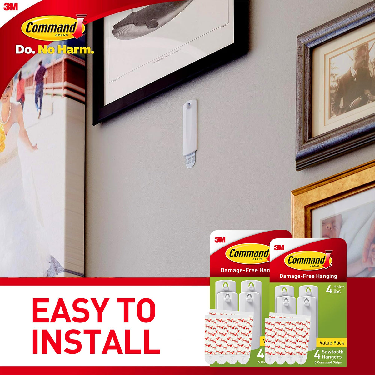 Command Sawtooth Picture Hangers, Damage Free Hanging Frame Hangers, No Tools Wall Hooks for Hanging Sawtooth Frames in Living Spaces, 8 White Picture Frame Hangers and 16 Command Strips