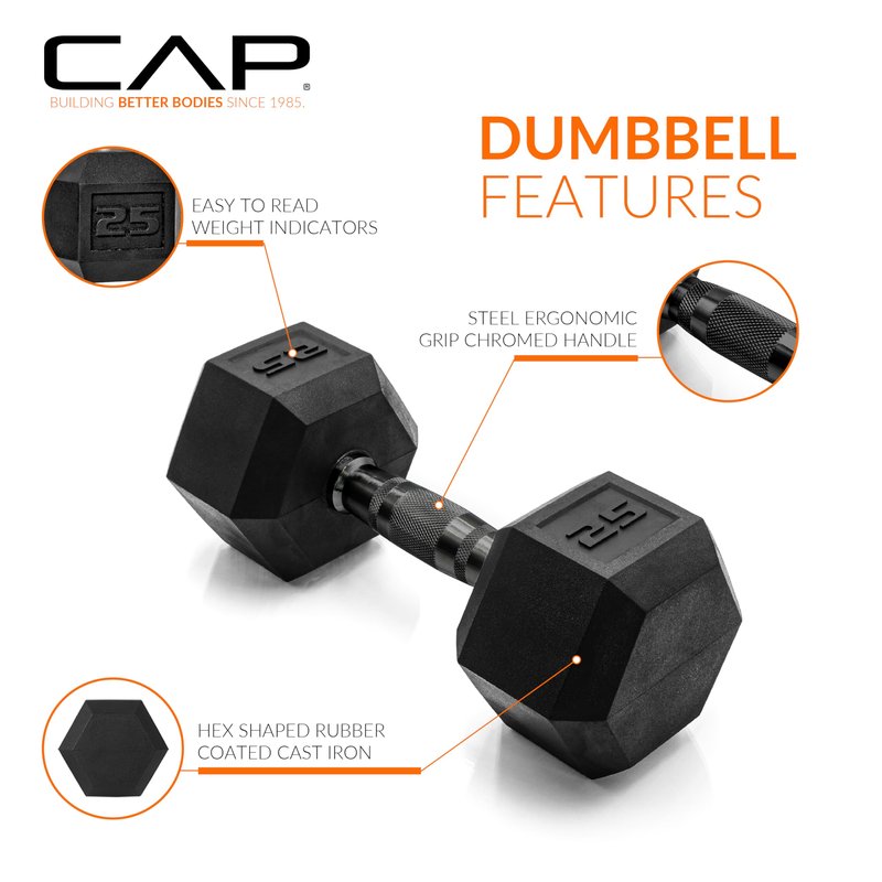 CAP 25 LB Rubber Coated Hex Dumbbell Weight, Rubber Free Weights for Home Gym Strength Training, Black Oxide Handle, Single