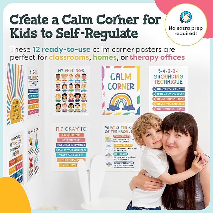 Calm Down Corner Posters – Feelings Chart for Kids, Preschool Classroom Toddler, Quiet Time Area, Coping Skills, Therapy Supplies, Social Emotional Peace Decor, Must Haves Calming Kit, Middle School