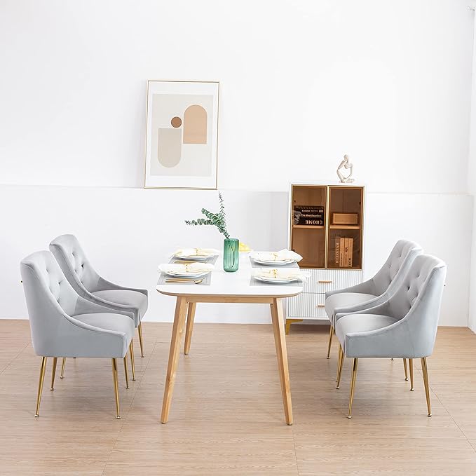 Modern Dining Chairs Set of 2, Mid Century Dining Chairs with 5.12” Cushions and Golden Legs, Velvet Upholstered Dining with Back Pull Rod, for Kitchen, Living Room, Grey