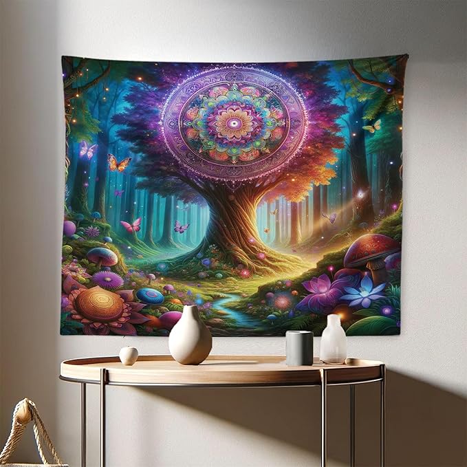Ambesonne Nature Tapestry, Wonderland Forest Tree Trippy Mandala Floral with Butterfly Ensemble Dream, Fabric Wall Hanging Decor for Bedroom Living Room Dorm, 28" X 23", Indigo Green Aqua