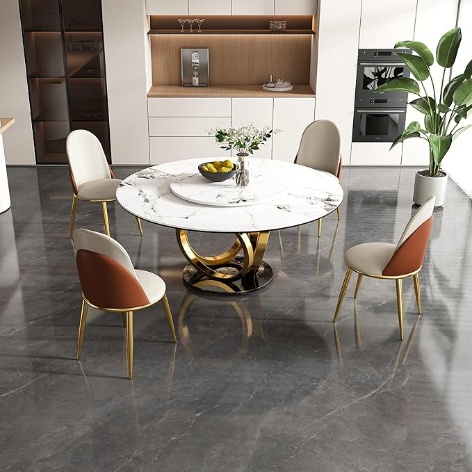59" Round Modern Marble Dining Table with Lazy Susan, Sintered Stone Top for Kitchen, Dining Room, Dinette, Space Saving Design