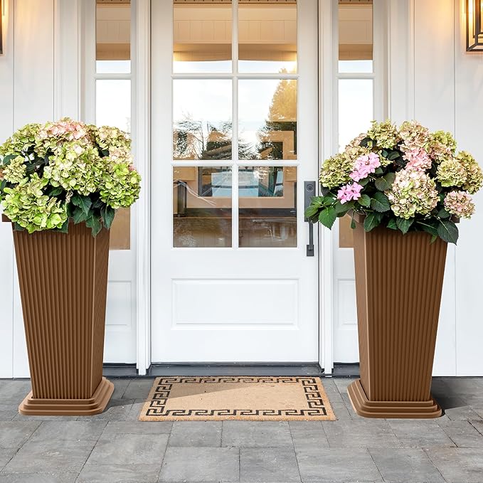 Set of 2 Tall Planters, 24" Large Indoor Outdoor Flower Pots with Tray, Modern Tapered Planters for Porch, Patio, Garden, Backyard