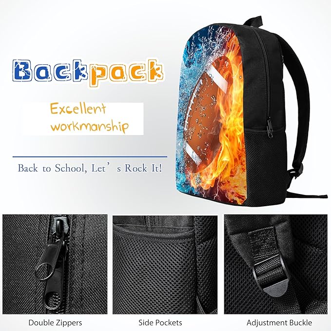 3PCS Football Backpack Set for Boys, Lightweight Large Backpack with Lunch Box & Pencil Case, Cool Sport Bookbag for Kids, Back to School Backpacks for Elementary & Middle School - 02