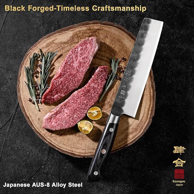 kanngou 7 Inch Nakiri Knife, Black Forged Japanese Cleaver Knife Chefs Knife with High Carbon Stainless Steel, Japanese Nakiri Knife with Full Tang Pakkawood Handle, Christmas Gift with Premium Box