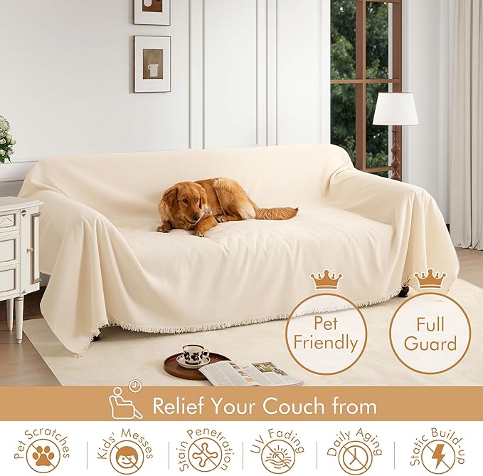 Couch Cover for 3 Cushion Couch Sofa Pet Friendly, Chenille Sectional L Shaped Sofa Cover Washable for Dogs Cats Kids, Leather Furniture Protector Slipcover Decor for Living Room, 91"x134"