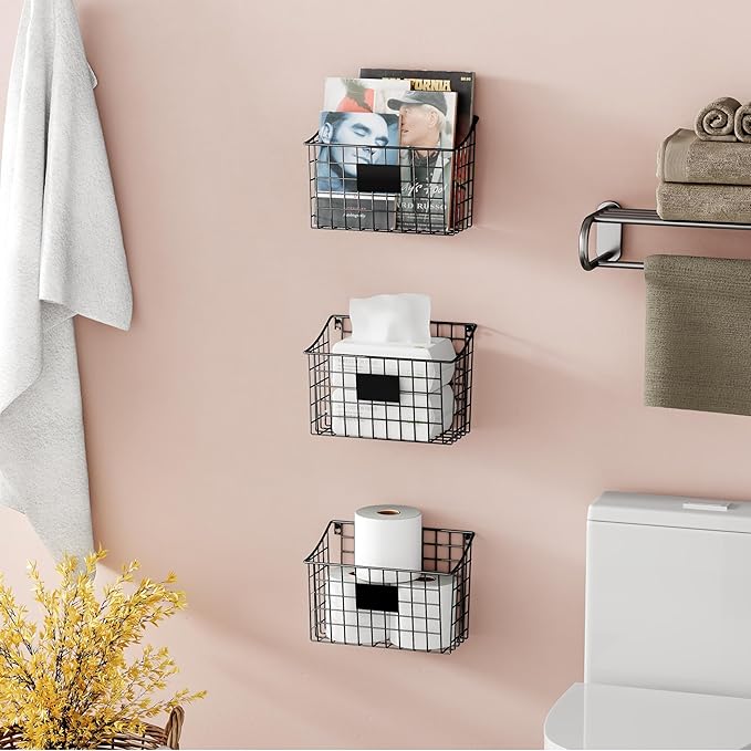 Wall Mounted Bin Basket with 5 Hooks 3 Label Plate Adhesive-3 Pack, Cabinet Hanging Metal Wire Basket,Rustic Farmhouse Decor, Storage Organization Shelf for Pantry Kitchen Bathroom 10.6*7.5*5.1inch