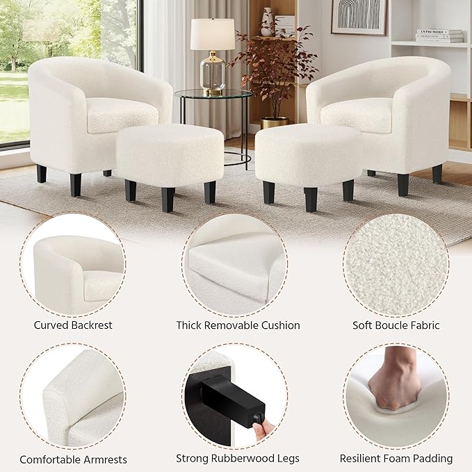 Yaheetech Accent Chair and Ottoman Set, Mid Century Boucle Fabric Barrel Chair and Comfy Fabric Footrest for Living Room/Bedroom/Reading Room, Ivory, 2 PCS