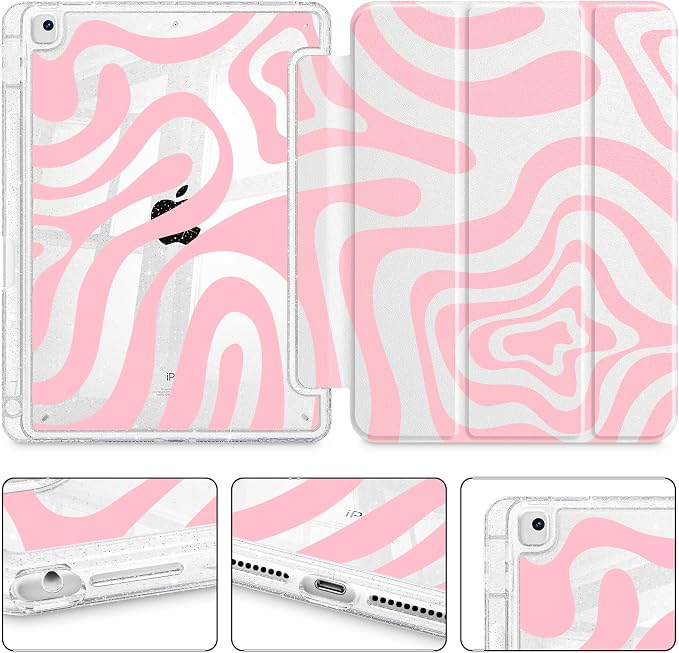Case for iPad 9th/ 8th/ 7th Generation 10.2-Inch Case(2021/2020/2019 Release) Glitter Tablet Cases with Transparent Acrylic Back+Trifold Stand+Pencil Holder+Auto Wake/Sleep Bows-Stripe