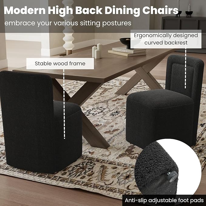 Black Upholstered Dining Chairs Set of 2, Armless Modern Sherpa Dining Chairs with High Back, Kitchen Chair for Dining Room/Restaurant/Living Room