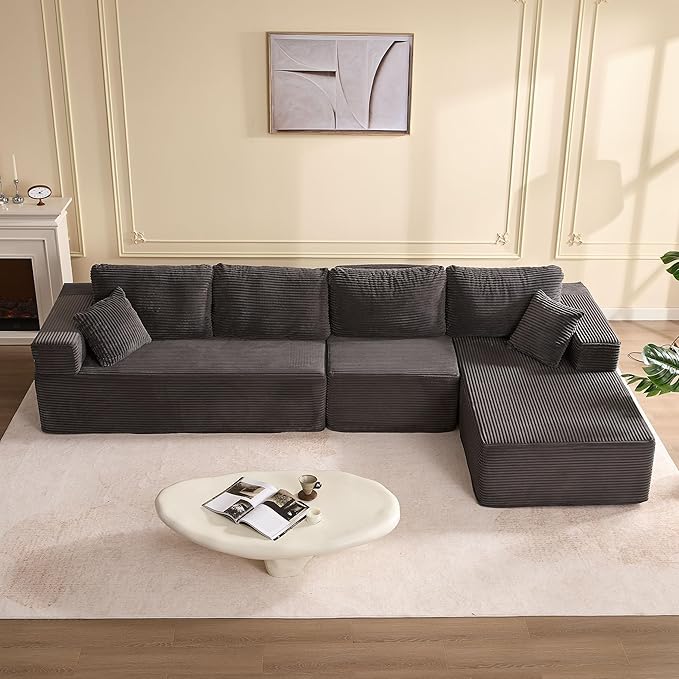 138" Boneless Couch with Deep Seat, Modular Sectional Sofa, Cloud Sectional Couch for Living Room, No Assembly Required, Corduroy, 4 Seater L-Shape Right, Grey