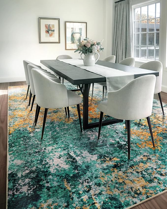 Washable Area Rug for Living Room: 5x7 Modern Abstract Neutral Soft Rug for Bedroom Dining Room No Slip Low Pile Carpet for Nursery Home Office - Teal/Orange