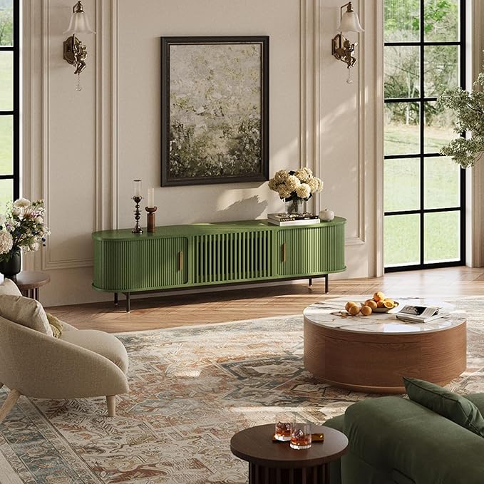 POVISON Fully-Assembled Modern Green TV Stand with Tambour Doors, Fluted TV Media Console for 65 Inch TVs, Sliding Door Entertainment Center with Storage for Living Room (Green, 70.87")
