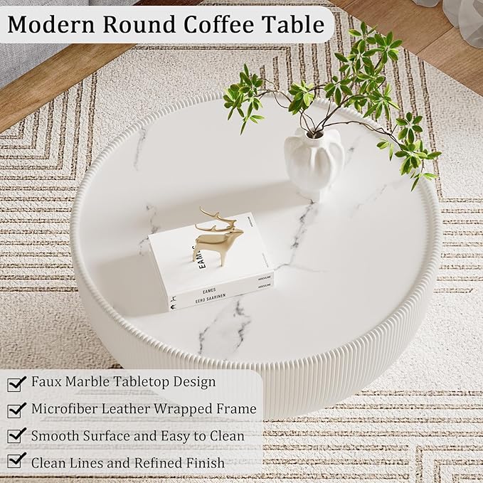 White Round Coffee Table with Sintered Stone Tabletop, 27.56" Drum Coffee Table with Fluted PU Leather Covered and Metal Base, Circle Cocktail Tea Table for Living Room