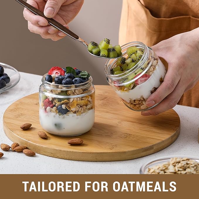 NETANY 4-pack 10oz Glass jars with Airtight Lids, Overnight Oats Containers with Bamboo Lids, Wide mouth Mason Salad jars, Glass Food Storage Containers for Snacks Yogurt Spice Sugar
