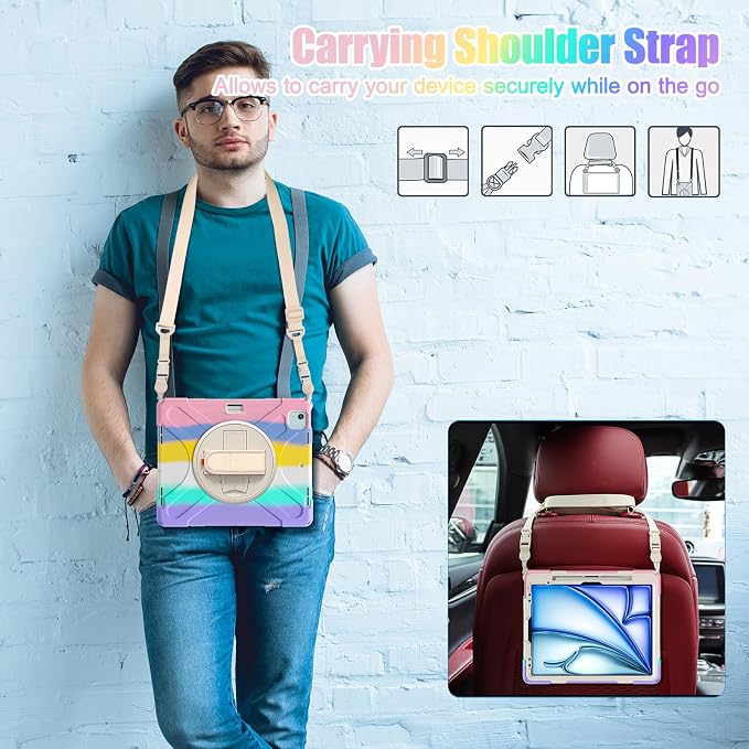 Batianda VortiGrip Case for iPad Air 11 M2/M3/M4 2024-2026 Colorful Blue | Heavy Duty Triple-Layer Rugged Case with 360° Rotating Hand Strap Foldable Hidden Stand Shoulder Strap and Pencil Holder