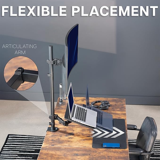 VIVO Extra Tall Desk Mount for up to 49 inch Ultrawide and Tray for up to 17 inch Laptop, Clamp-on Adjustable Stand Holds 44 lb Screens, VESA up to 100x100, Black, STAND-V012C