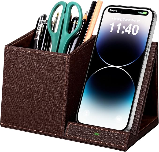 Bamboo Pen Holder for Desk &amp Nightstand Organizer with Fast Wireless Charging for iPhone Samsung &amp More – Office Desk Accessories for Men/Women (Bamboo)