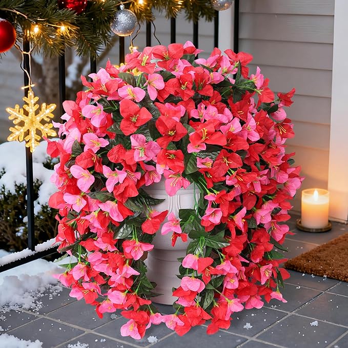 Faux Bougainvillea Artificial Flowers Plants for Outdoors Outside Decoration, 2pcs Fake Flowers Silk Long Trailing Vines UV Resistant Realistic for Front Door Porch Planter Urn Patio Balcony Yard, Mix