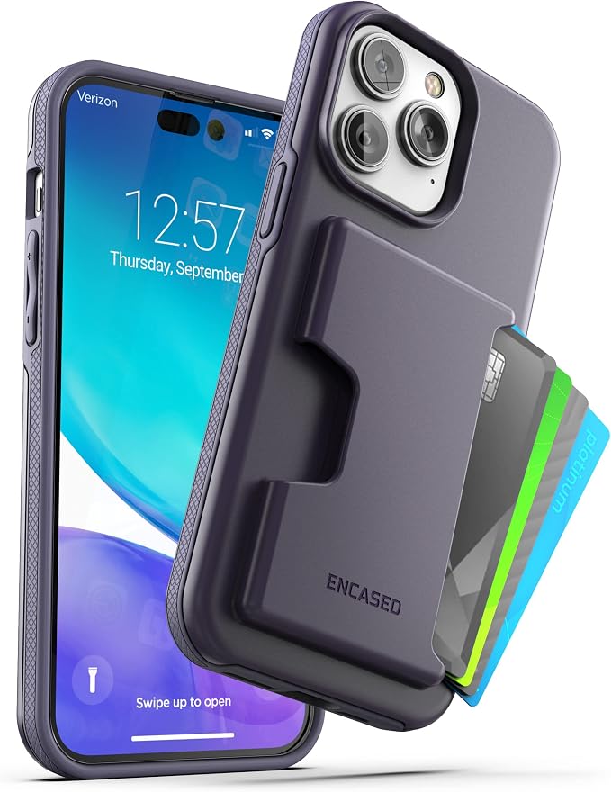 ENCASED Protective Wallet Case Designed for iPhone 14 Pro Max with Card Holder and Screen Protector (4 Credit Cards/IDs) - Purple