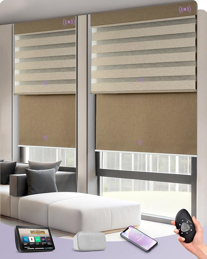 Graywind Smart Dual Shades Compatible with Alexa Google Homepod Motorized Double Zebra Blinds Matter Solar Powered, Custom Size (Coffee)