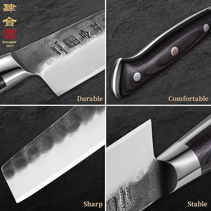 kanngou 7 Inch Nakiri Knife, Black Forged Japanese Cleaver Knife Chefs Knife with High Carbon Stainless Steel, Japanese Nakiri Knife with Full Tang Pakkawood Handle, Christmas Gift with Premium Box