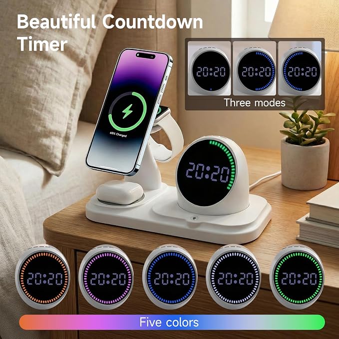 6-in-1 Wireless Charging Station with 30W Fast Adapter RGB Ambient Light Digital Clock &amp Bluetooth Speaker Multi-Function Desktop Charger for Wireless Charging Phones Earbuds &amp Watch