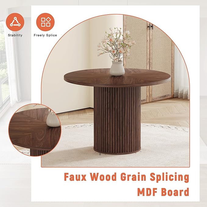 AZmac Round Dining Table Set for 6, Wooden Round Table 7-Piece with Modern Farmhouse Dining Table and 6 PU Leather Chairs for Kitchen Dining Room, Walnut Table + 6 Black High Back Chairs
