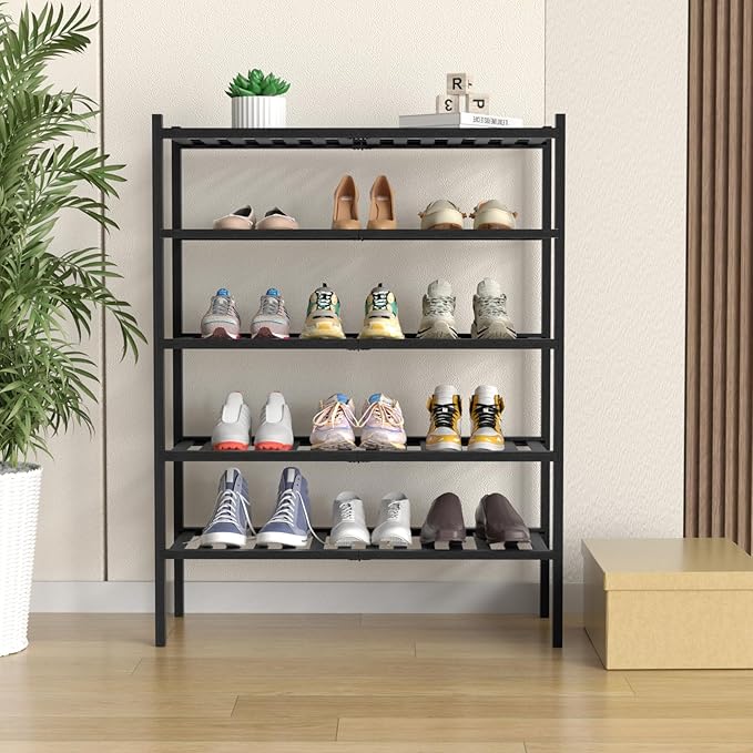 ROMGUAR CRAFT 5 Tier Bamboo Shoe Rack for Closet Free Standing Wood Shoe Shelf for Entryway Small Space Stackable 27"x11"x33" (Black)
