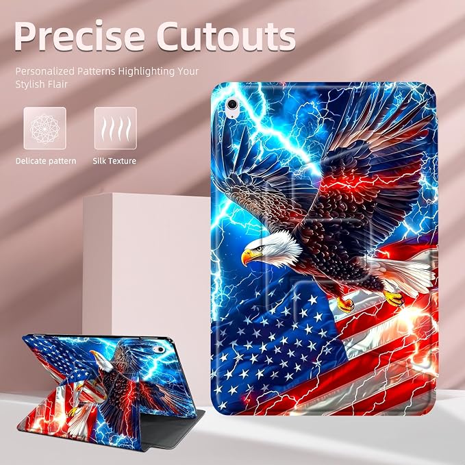 for iPad 10th Generation Case 360 Degree Rotating Stand Cover Multi Angle Viewing Auto Sleep/Wake American Flag Eagle Leather Case for iPad (A16) 11th Generation 11 Inch 2025