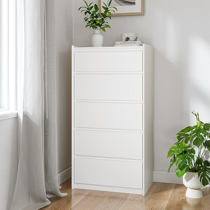 White Dresser for Bedroom, 46" Tall Chest of Drawers, Simply Modern 5 Drawer Storage Organizer for Closet, Hallway, or Small Apartment