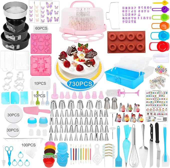 Cake Decorating Kit Supplies, 730 Pcs Cake Pop Kit with Cake Carrier Holder Springform Pan Sets Toolbox Organizer Turntable Piping Bags Tips for Beginner Professional Mothers Day Gifts for Mom