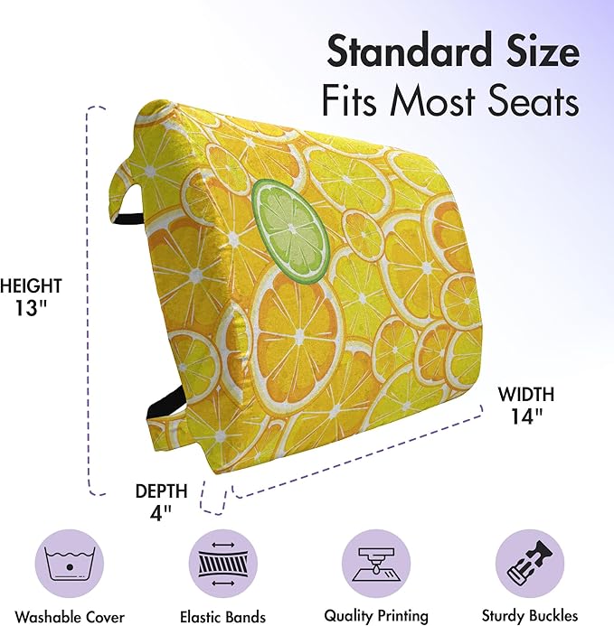 Ambesonne Yellow Lumbar Back Support Pillow, Lemon Orange Lime Fruit Citrus Round Cut Circles Big and Small Pattern, High Density Foam for Office Chairs Car Seats, 14" x 13", Yellow White