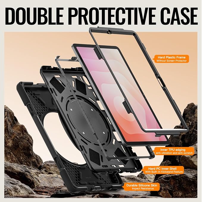 Batianda Heavy Duty Case for Samsung Galaxy Tab S11 2025 11 Inch with 360° Rotating Ring Stand &amp Shoulder Strap Built-in S Pen Holder Shockproof Rugged Multi-Layer Protective Cover Black