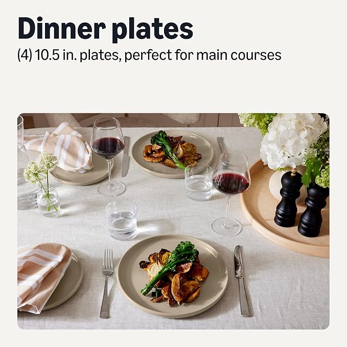 Amazon Basics Glazed Stoneware Dinner Plates, Ceramic 4-Piece Set, Microwave and Dishwasher-Safe, 10.5 in., Linen Gray
