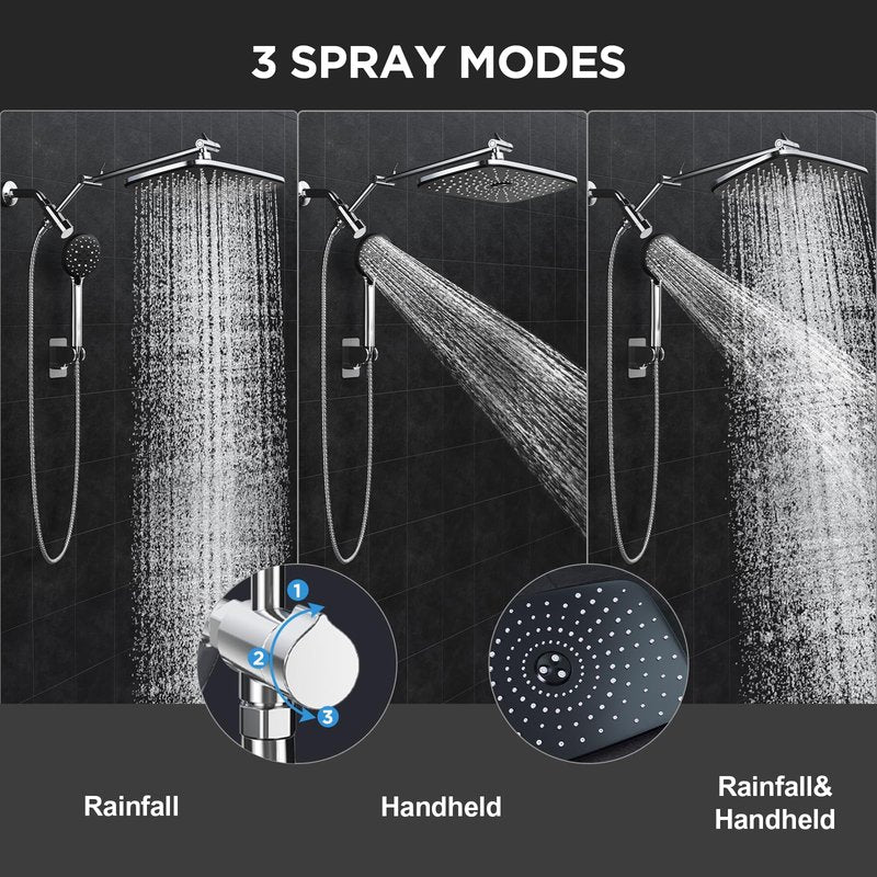 Veken Wide High Pressure Rain Shower Head with Handheld, Handheld Shower Heads with Multi Spray Modes, Rainfall Combo with 15" Metal Extension Arm,Detachable Dual Shower, Bathroom Decor,Chrome Silver