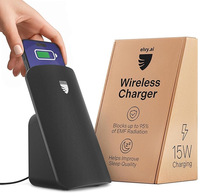 Elvy Fast Qi Wireless Charger for Cell Phones - Designed with EMF Management Technology for Enhanced Charging Advanced Environmental Shielding (Black)