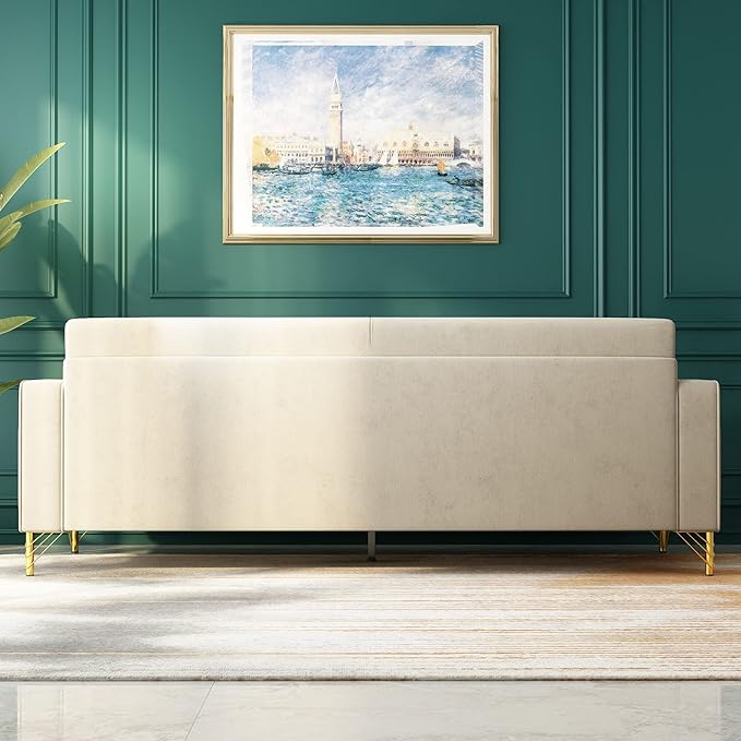 85.63" Velvet Sofa,Modern Loveseat Couch with Pillows Set of 2 for Living Room,Bedroom,Apartment Furniture with Gold Metal Legs (Beige)