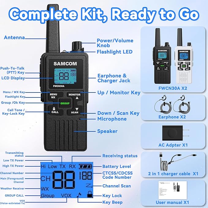 SAMCOM Group Call Walkie Talkies,FWCN30A 2 Way Radio Long Range,22 Channel FRS Radio NOAA Weather Alerts,Handheld Mini Compact Walky Talky with USB Charging (2 Packs)