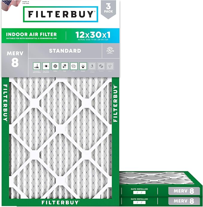 Filterbuy 12x30x1 Air Filter MERV 8 Essential Dust & Allergy Defense,