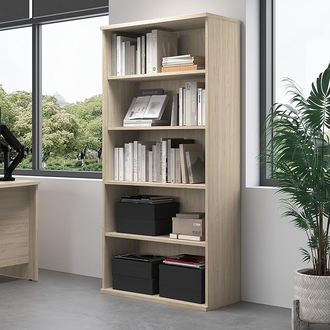 Bush Business Furniture Studio C Tall 5 Shelf Bookcase in Natural Elm, Large Bookshelf for Home or Professional Office