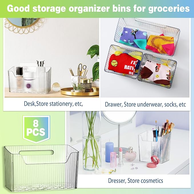 8 Pcs Storage Organizer Bins Wall Mounted Organizer Basket Plastic Cabinet Door Bins Stackable Hanging Baskets for Organizing for Wall Refrigerator Kitchen Bathroom Pantry(3.94'',Clear)