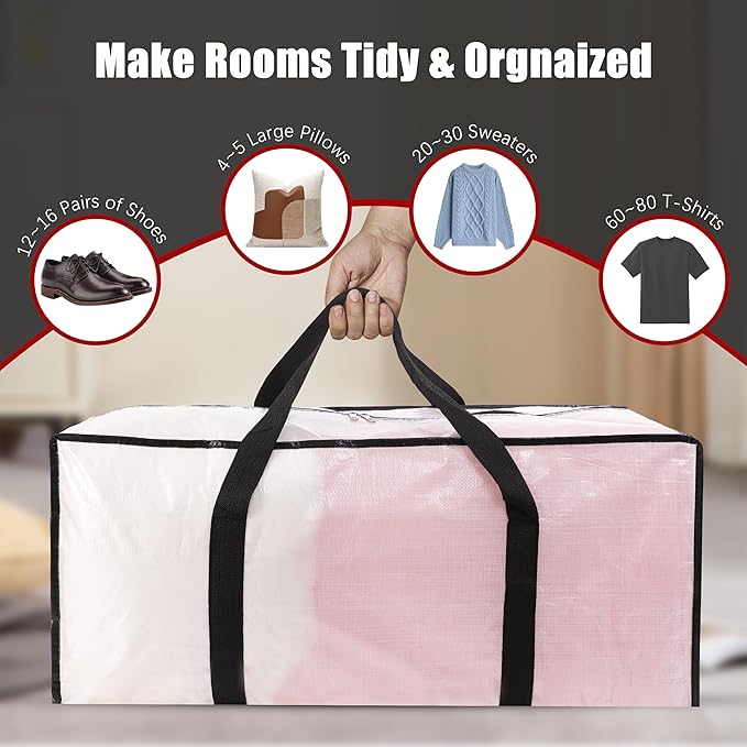 Extra Large Moving Bags with Zippers & Carrying Handles, Heavy-Duty Storage Tote for Space Saving Moving Storage, Fold Flat, Alternative to Box and Bin - 8 Pack, Semi-Transparent