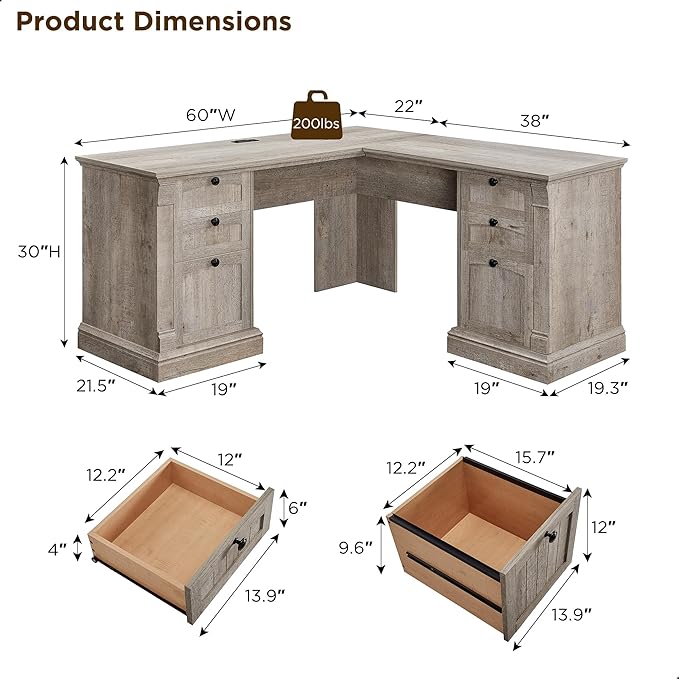 OKD 60" L Shaped Executive Desk with Drawers, Farmhouse Home Office Desk with Charging Station, File Cabinet Storage, Wood Corner Computer Desk for Work and Study, Light Rustic Oak