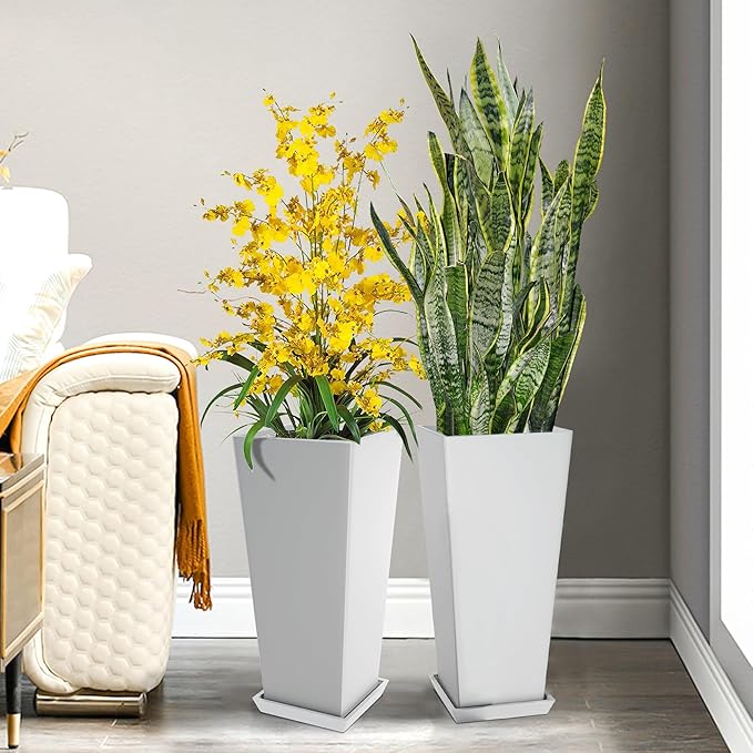 Set of 2 Tall Planters, 24" Large Indoor Outdoor Flower Pots with Tray, Modern Tapered Planters for Porch, Patio, Garden, Backyard(White)